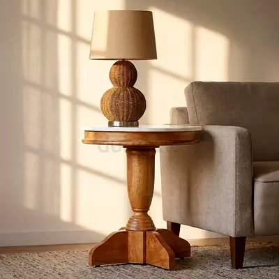 New Degas Round Genuine Marble Top End Table with Solid Wood Base