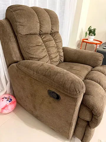Comfortable brown fabric recliner armchair - good condition