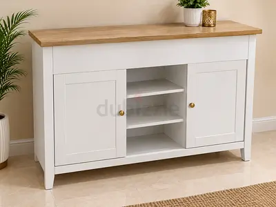 White Sideboard Cabinet with Oak Top - 2 Doors + Shelves