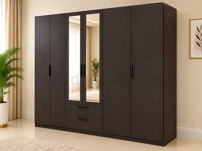 Large Dark Wood 5-Door Wardrobe with Mirror and Drawers