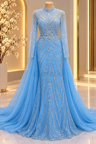 Elegant Light Blue Embellished Long Sleeve Evening Gown with Train