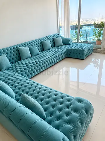 Large Turquoise Velvet Tufted U-shaped Sectional 7 seater Sofa