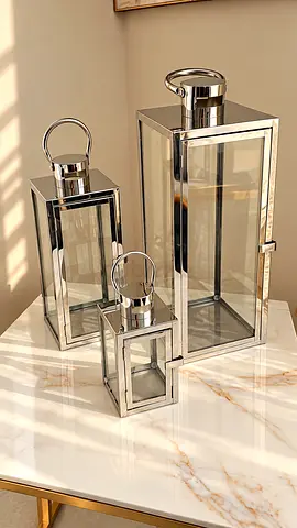 Luxury Silver Lantern Set – 3 Pieces with Glass Panels