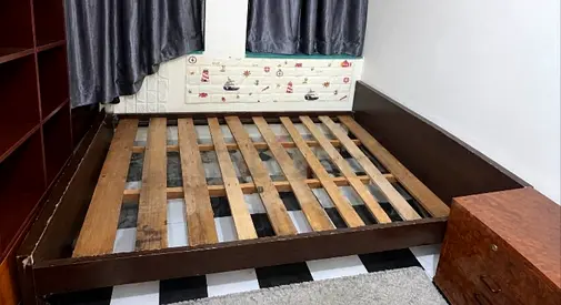 Wooden 150x200 Bed Frame and Dark Brown TV table with felixbale shelf Storage