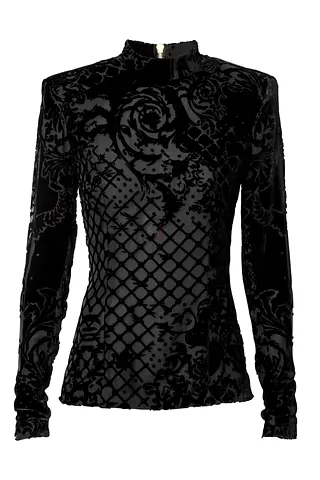 BalmainXH&M limited edition Black Long Sleeve Velvet Burnout High-Neck Top - Size 40