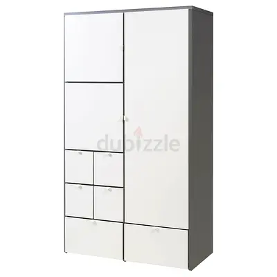 Large White & Gray Wardrobe with Multiple Compartments, Good Condition