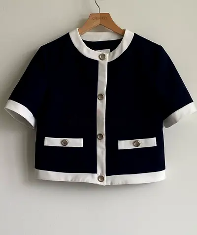 Navy Blue Cropped Short Sleeve Jacket with White Trim - Size S