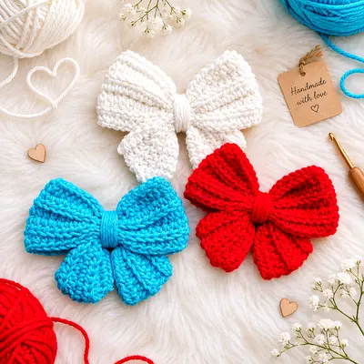 Handmade Crochet Bow Hair Clips — Set of 3 (White, Red, Blue)