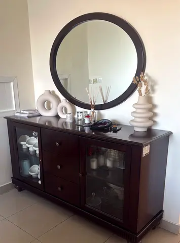Solid Dark Wood Sideboard / Buffet with Glass Doors and Round Mirror