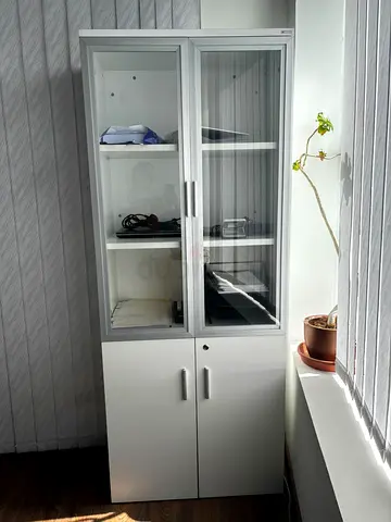 White Glass-Front Storage Flow Cabinet with Lockable Lower Cupboards