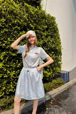 Miu miu Light blue short-sleeve embroidered cotton dress