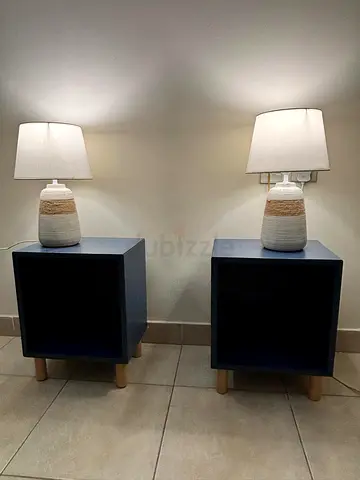 Pair of navy cube bedside tables with lamps — good condition