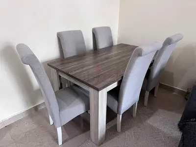 6-Seater Wooden Dining Table with Upholstered Grey Chairs - Good Condition