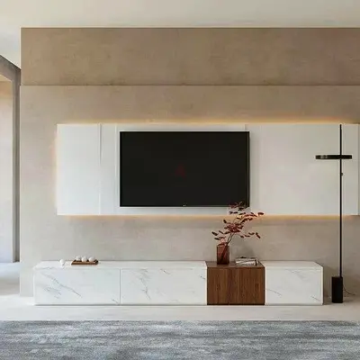 TV consol “Wall Nation” TV unit - white marble finish with walnut drawer. 200 cm x 40cm x 26,5cm
