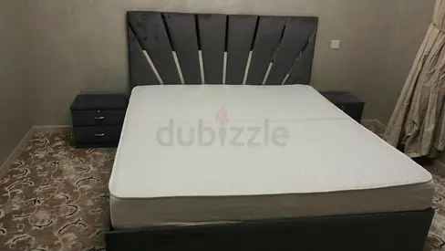 Queen bed frame with mattress and 2 bedside tables - good condition