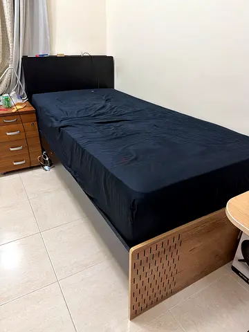 Single size bed frame with mattress and bedside table - good condition