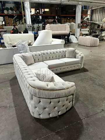 Large L-shaped Tufted Velvet Sofa - Light Beige, Good Condition