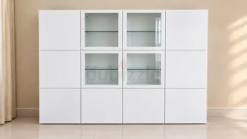 White Modular Storage Cabinet with Glass Display Panels