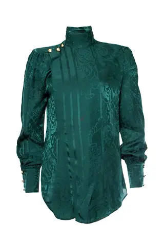 BalmainXH&M Emerald Green High-Neck Long Sleeve Women's Satin Blouse with Button Detail size 38