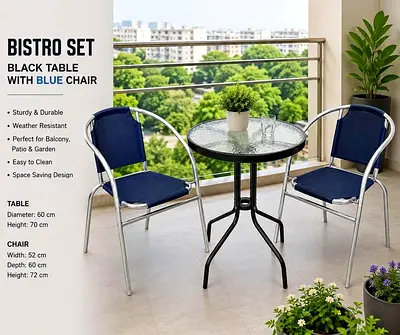 Outdoor Bistro Set - Small Round Table with 2 Blue Chairs