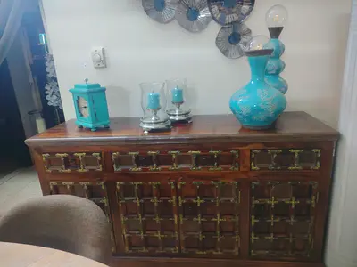 Solid Wood Sideboard Cabinet with Brass Inlay - Rustic / Vintage Style