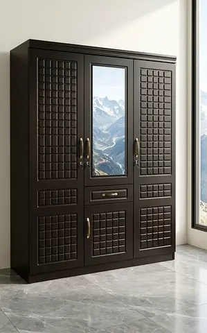 Dark wood 3-door wardrobe with mirror and drawers - brand new