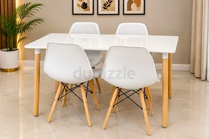 White Modern Dining Table with 4 Chairs - Scandinavian Style