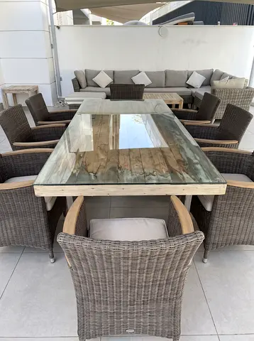 Glass Top Wooden Table with 8 Wicker Chairs (Great Condition!)