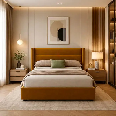 Sleek line wingback brown velvet king hydraulic bed