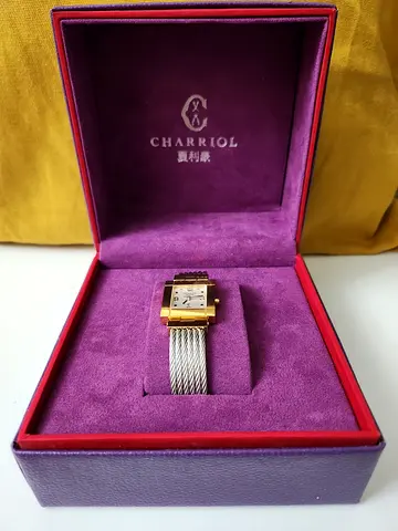 Authentic Charriol women's cable square face watch - gold-tone case, steel cable band