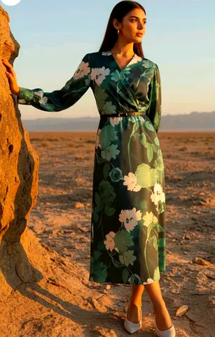 Green Floral Satin Wrap Midi Dress - Size Not Specified