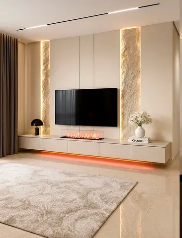 Wall-mounted entertainment unit with integrated LED lighting