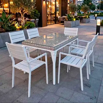 White Outdoor Dining Table with 6 Chairs - Modern Patio Set