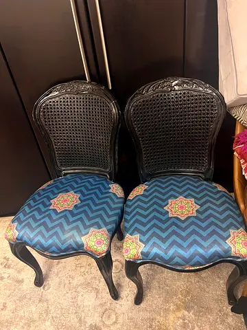Pair of Vintage Black Cane-back Dining Chairs with Blue Patterned Seats