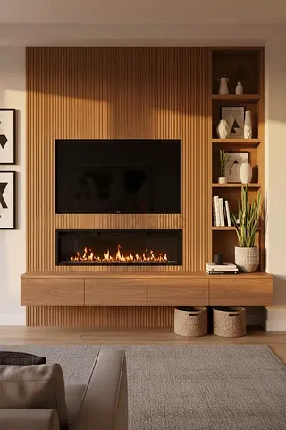 Wall-mounted wooden entertainment center with built-in fireplace