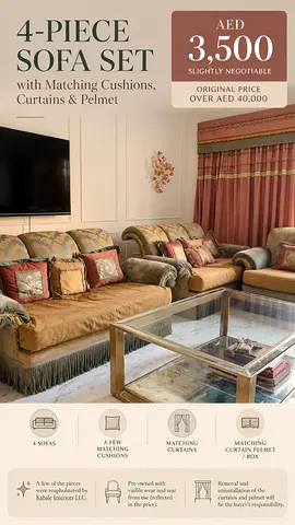 4-Piece Seater Sofa Set + 12 Matching Cushions with Curtains & Pelmet
