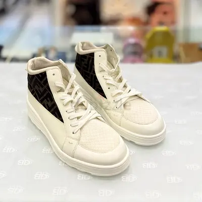Fendi White high-top sneakers with brown patterned side panels - like new