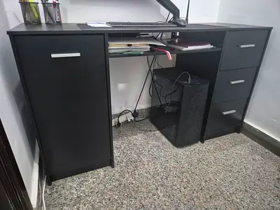 Black Wooden Computer Desk with Storage Drawers and Cabinet 136x46 Long and Width