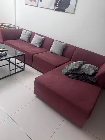 Large L-shaped 5-seater fabric sofa in dusty rose - good condition