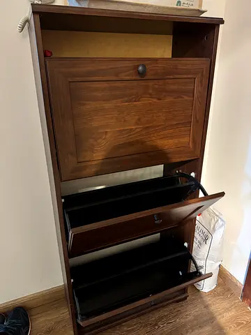 Tall wooden shoe cabinet with pull-out drawers - good condition