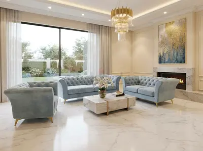 Light blue velvet tufted 3-piece sofa set with armchair - excellent condition