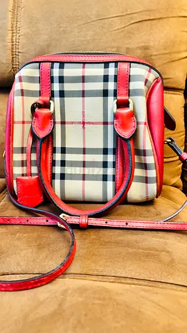 Authentic Burberry Small checked crossbody handbag with red leather trim