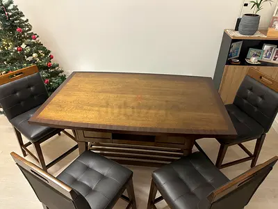 Dining table with 4 chairs and bench + wood and leather + as new