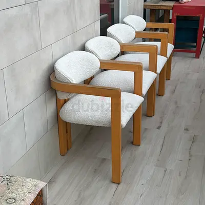 Set of 4 Mid-century Style Wooden Armchairs with Bouclé Upholstery