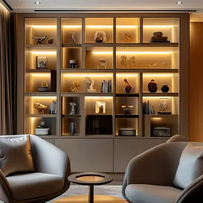 Built-in illuminated display shelving unit - modern wall bookcase