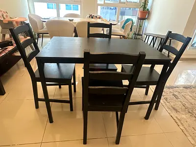 Ikea Solid Wood 4-Seater Dining Table with Chairs - Dark Finish