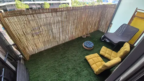 Balcony Makeover Bundle – Artificial Grass, Bamboo Fence, Sofa Chairs & More
