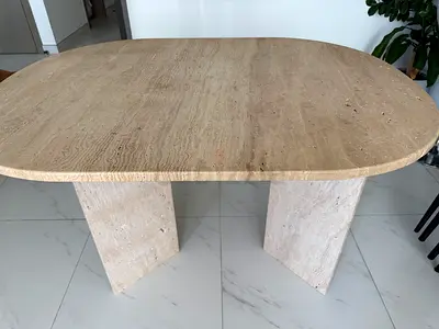 Travertine stone dining table - solid slab top, natural finish