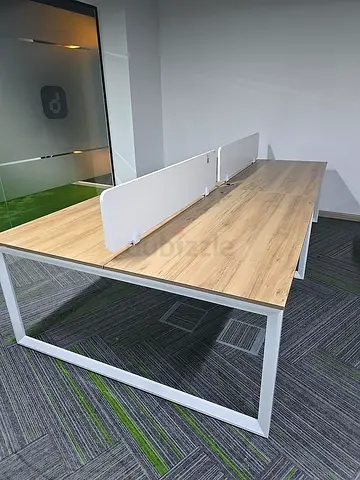 Wood and White 4-Seater Office Bench Desk — Modern Shared Workstation