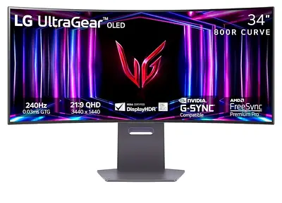 LG UltraGear 34GS95QE-B is a 34-inch ultrawide curved gaming monitor featuring an OLED panel